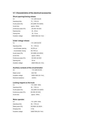 5.7. Characteristics of the electrical accessories
Shunt opening/closing release
Un: 110 / 220V AC-DC
Operating limits: 70…110% Un
Inrush power (Ps): DC 220W; AC=220VA
Inrush time: approx. 100ms
Continuous power (Pc): DC=5W; AC=5VA
Opening time: 25…35 ms
Closing time: 35…70 ms
Insulation voltage: 2500V 50Hz (for 1min)
Under voltage release
Un: 110 / 220V AC-DC
Operating limits: 70…110% Un
- circuit-breaker opening: 35-70% Un
- circuit-breaker closing: 85-110% Un
Inrush power (Ps): DC 200W; AC=200VA
Inrush time approx. 100ms
Continuous power (Pc): DC=5W; AC=5VA
Opening time: 35 ms
Insulation voltage: 2500V 50Hz (for 1min)
Auxiliary contacts of the circuit-breaker
Un: 110 / 220V AC-DC
Rated current Ith2=10A
Insulation voltage: 2500V 50Hz (for 1min)
Electrical resistance: 3mOhm
Locking magnet on the truck
Un: 110 / 220V~ 50Hz
Operating limits: 85…110% Un
Inrush power (Ps): DC 220W; AC=220VA
Continuous power (Pc): DC=5W; AC=5VA
Inrush time: approx. 100ms
Motor operator
Un: 110 / 220V~ 50Hz
Operating limits: 85…110% Un
Rated power (Ps): DC=90W; AC=90VA
Charging time: 4-10s
Insulation voltage: 2500V 50Hz (for 1min)
 