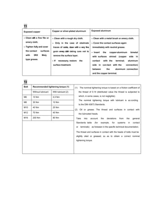 T1
Exposed copper Copper or silver-plated aluminum Exposed aluminum
– Clean with a fine file or
emery cloth.
– Tighten fully and cover
the contact surfaces
with 5RX Moly
type grease.
– Clean with a rough dry cloth.
– Only in the case of obstinate
traces of oxide, clean with a very fine
grain emery cloth taking care not to
remove the surface layer.
– If necessary, restore the
surface treatment.
– Clean with a metal brush or emery cloth.
– Cover the contact surfaces again
immediately with neutral grease.
– Insert the copper-aluminum bimetal
with surfaces shined (copper side in
contact with the terminal; aluminum
side in con-tact with the connection)
between the aluminum connection
and the copper terminal.
T2
Bolt Recommended tightening torque (1) (1) The nominal tightening torque is based on a friction coefficient of
the thread of 0.14 (distributed value the thread is subjected to
which, in some cases, is not negligible).
The nominal tightening torque with lubricant is ac-cording
to the DIN 43673 Standards.
(2) Oil or grease. The thread and surfaces in contact with
the lubricated heads.
Take into account the deviations from the general
Standards table (for example, for systems in contact
or terminals) as foreseen in the specific technical documentation.
The thread and surfaces in contact with the heads of bolts must be
slightly oiled or greased, so as to obtain a correct nominal
tightening torque.
Without lubricant With lubricant (2)
M6 10 Nm 4,5 Nm
M8 30 Nm 10 Nm
M10 40 Nm 20 Nm
M12 70 Nm 40 Nm
M16 200 Nm 80 Nm
 