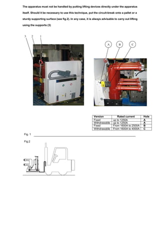 The apparatus must not be handled by putting lifting devices directly under the apparatus
itself. Should it be necessary to use this technique, put the circuit-break onto a pallet or a
sturdy supporting surface (see fig.2). In any case, it is always advisable to carry out lifting
using the supports (3)
Version Rated current Hole
Fixed up to 1250A A
Withdrawable up to 1250A A
Fixed From 1600A to 2500A B
Withdrawable From 1600A to 4000A C
Fig. 1
Fig.2
3 2 1
A B C
 