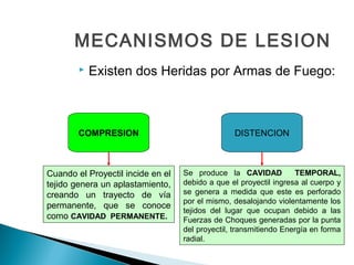 MECANISMOS DE LESION
 Existen dos Heridas por Armas de Fuego:
COMPRESION DISTENCION
Cuando el Proyectil incide en el
tejido genera un aplastamiento,
creando un trayecto de vía
permanente, que se conoce
como CAVIDAD PERMANENTE.
Se produce la CAVIDAD TEMPORAL,
debido a que el proyectil ingresa al cuerpo y
se genera a medida que este es perforado
por el mismo, desalojando violentamente los
tejidos del lugar que ocupan debido a las
Fuerzas de Choques generadas por la punta
del proyectil, transmitiendo Energía en forma
radial.
 