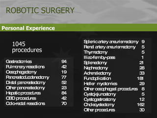 Personal Experience   1045 procedures Gastrectomies 94 Pulmonary resections 42 Oesophagectomy 19 Pancreatoduodenectomy 77 Distal pancreatectomy 52 Other pancreatectomy  23 Hepatic procedures   84 CBD procedures  42 Colo-rectal resections   70 Splenic artery aneurismectomy 9 Renal artery aneurismectomy 5 Thymectomy 5 Iliac-fem by-pass  1 Splenectomy   21 Nephrectomy  28 Adrenalectomy 33 Fundoplication 181 Heller  myotomies 29 Other oesophageal procedures 8 Cystojejunostomy 5 Cystogastrostomy 12 Cholecystectomy 162 Other procedures 30 ROBOTIC SURGERY 