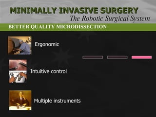 MINIMALLY INVASIVE SURGERY BETTER QUALITY MICRODISSECTION Ergonomic Intuitive control Multiple instruments The Robotic Surgical System 