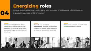 04
Energizing roles
Yorange organizations have a multitude of roles organized in bubbles that contribute to the
organization's purpose and the "mission."
Yorange does not think in terms of ﬁxed
positions. In your role, everyone can make
suggestions, but no one can tell you how to
do your job, as long as you hold up your end
of the bargain.
The results are in line with the
"responsibilities" of the role, your actions are
in line with the "purpose" of your role, you do
not hinder the "dominance" of another role.
When a person is assigned to a role, he or she
assumes responsibility of that role.
 