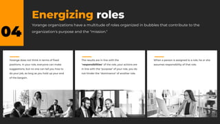 04
Energizing roles
Yorange organizations have a multitude of roles organized in bubbles that contribute to the
organizati...