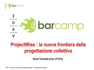 IUAV – Corso di Informatica e Disegno Digitale – Prof. Maurizio Galluzzo ProjectWise: la nuova frontiera della progettazione collettiva Giulia Tomaello (mat. 271013) 