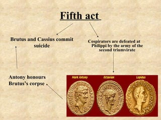 Fifth act

Brutus and Cassius commit   Cospirators are defeated at
         suicide             Philippi by the army of the
                                 second triumvirate




Antony honours
Brutus’s corpse
 