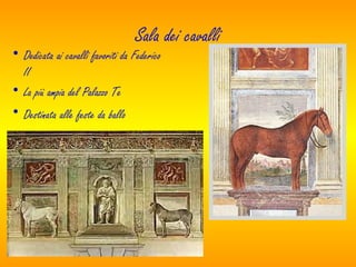 Sala dei cavalli
• Dedicata ai cavalli favoriti da Federico
II
• La più ampia del Palazzo Te
• Destinata alle feste da ballo
 