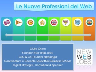 Le Nuove Professioni del Web

Giulio Xhaët
Founder New Web Jobs,
CEO & Co-Founder Appluego
Coordinatore e Docente Sole24Ore Business School,
Digital Strategist, Consultant & Speaker

 