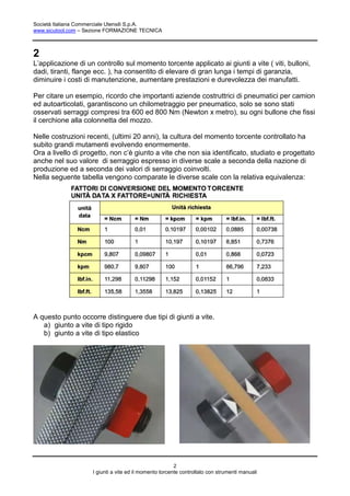 Società Italiana Commerciale Utensili S.p.A.
www.sicutool.com – Sezione FORMAZIONE TECNICA



2
L’applicazione di un controllo sul momento torcente applicato ai giunti a vite ( viti, bulloni,
dadi, tiranti, flange ecc. ), ha consentito di elevare di gran lunga i tempi di garanzia,
diminuire i costi di manutenzione, aumentare prestazioni e durevolezza dei manufatti.

Per citare un esempio, ricordo che importanti aziende costruttrici di pneumatici per camion
ed autoarticolati, garantiscono un chilometraggio per pneumatico, solo se sono stati
osservati serraggi compresi tra 600 ed 800 Nm (Newton x metro), su ogni bullone che fissi
il cerchione alla colonnetta del mozzo.

Nelle costruzioni recenti, (ultimi 20 anni), la cultura del momento torcente controllato ha
subito grandi mutamenti evolvendo enormemente.
Ora a livello di progetto, non c’è giunto a vite che non sia identificato, studiato e progettato
anche nel suo valore di serraggio espresso in diverse scale a seconda della nazione di
produzione ed a seconda dei valori di serraggio coinvolti.
Nella seguente tabella vengono comparate le diverse scale con la relativa equivalenza:




A questo punto occorre distinguere due tipi di giunti a vite.
   a) giunto a vite di tipo rigido
   b) giunto a vite di tipo elastico




                                                        2
                    I giunti a vite ed il momento torcente controllato con strumenti manuali
 