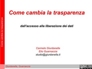 Come
cambia
la
trasparenza
Giurdanella, Guarnaccia
Come cambia la trasparenza
dall'accesso alla liberazione dei dati
Carmelo Giurdanella
Elio Guarnaccia
studio@giurdanella.it
 