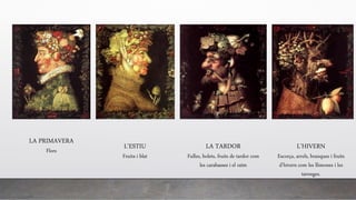 LA PRIMAVERA
Flors
L’HIVERN
Escorça, arrels, branques i fruits
d’hivern com les llimones i les
taronges.
LA TARDOR
Fulles, bolets, fruits de tardor com
les carabasses i el raïm
L’ESTIU
Fruita i blat
 