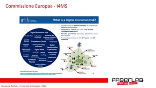Giuseppe	Padula	-	Università	di	Bologna		2017
What is a Digital Innovation Hub?
6
one-stop-shop Services to help
companies with digital
transformation
multi-partner
cooperation
specialist
expertise infrastructure
brokering/
matchmaking
awareness
creation
innovation
scouting
digital maturity
assessment
visioning and strategy
development
mentoring training
Access to
Finance
investor readiness
services
Digital Innovation Hub
Competence Centre
Digital Skills
Digital
Transformation
Experiments
Working Group report on DIHs:
https://ec.europa.eu/futurium/en/content/report-wg1-digital-innovation-
hubs-mainstreaming-digital-innovation-across-all-sectors-final
➢ Provide support to existing industry to manage their
digital transformation
➢ Competence Centres are at the core of DIHs
(ecosystem approach)
➢ Variable geometries: technology applications, sector,
SME focus etc.
➢ Provides opportunities for both ICT users and ICT
suppliers
experimentation
and testing
pilot factories
Fab-labs
coaching
fabrication of
new products
Commissione	Europea	-	I4MS
 
