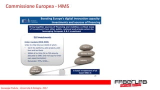 Giuseppe	Padula	-	Università	di	Bologna		2017
Boosting Europe's digital innovation capacity:
Investments and sources of financing
Bring together sources of financing and mobilise a critical mass
of investment from other public, national and private actors by
leveraging European R & I investment
Under mandate (2018-2020):
3.5bn € in R&I (Horizon 2020) of which:
• 1bn € for platforms, pilot projects, pilot
lines and test beds
• 300Mn € for DIHs (50 to 70% directly
allocated to SMEs and mid-caps for their
own experimentation)
• Remainder: PPPs, ECSEL,…
EU Investments
EU:
5,5bn €
(2016-2020)
Regions
Member States
Industry
A total investment of at
least 50bn €
21
Commissione	Europea	-	I4MS
 