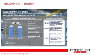 Giuseppe	Padula	-	Università	di	Bologna		2017
12
Investimenti early stage
Misure di riferimento: Incentivi agli investimenti in capitale di rischio, Cessione perdite startup a
società sponsor, Equity crowdfunding, Start-up Visa
Fonte: Analisi MISE su dati Bureau van Dijk Agosto 2017; CDP
• Crescita positiva ma
sotto le attese
• Autorizzato dalla
Commissione Europea
potenziamento
incentivi su
investimenti in equity
di start-up innovative
• De-finanziamento delle
misure che non hanno
funzionato
Andamento investimenti early stage
0
10
20
30
40
50
60
70
80
1° sem 2016 1° sem 2017
Mln €
69,368,0
+2%
Venture Capital
Business Angel
Iniziative CDP a supporto
Piattaforma per catalizzare la
commercializzazione e
l’industrializzazione di idee ed
invenzioni ad alto contenuto
tecnologico
Tech Growth: nuovo fondo di
investimento dedicato ad
investimenti in iniziative high
tech e innovative nel
segmento del later stage
venture capital
FoF VC principale finanziatore
di fondi di venture capital
esistenti e di nuova costituzione
Programma di investimento a
supporto di idee innovative e
start-up in fase di
incubazione/accelerazione
AccelerateIT
12
INVESTIMENTI INNOVATIVI
Industria	4.0	-	I	risultati
 