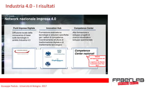 Giuseppe	Padula	-	Università	di	Bologna		2017
Network nazionale Impresa 4.0
COMPETENZE
Punti Impresa Digitale Innovation Hub Competence Center
Diffusione locale della
conoscenza di base
sulle tecnologie in
ambito Industria 4.0
Formazione avanzata su
tecnologie e soluzioni specifiche
per i settori di competenza
Coordinamento strutture di
trasformazione digitale e di
trasferimento tecnologico
Alta formazione e
sviluppo progetti di
ricerca industriale e
sviluppo sperimentale
Competence
Center nazionali
Ritardi
nell’approvazione del
DM.
L’apertura del Bando
è prevista entro fine
2017
16
Industria	4.0	-	I	risultati
 