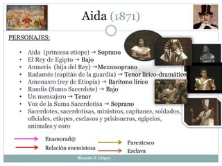 Aida (1871)
PERSONAJES:
• Aida (princesa etíope)  Soprano
• El Rey de Egipto  Bajo
• Amneris (hija del Rey) Mezzosoprano
• Radamés (capitán de la guardia)  Tenor lírico-dramático
• Amonasro (rey de Etiopía)  Barítono lírico
• Ramfis (Sumo Sacerdote)  Bajo
• Un mensajero  Tenor
• Voz de la Suma Sacerdotisa  Soprano
• Sacerdotes, sacerdotisas, ministros, capitanes, soldados,
oficiales, etíopes, esclavos y prisioneros, egipcios,
animales y coro
Enamorad@
Parentesco
Relación enemistosa
Esclava
Ricardo J. Llópez
 