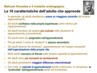 Malcom Knowles e il modello andragogico.
Le 10 caratteristiche dell’adulto che apprende
1. In generale, gli adulti desiderano avere un maggiore controlloavere un maggiore controllo del proprio
apprendimento
2. Gli adulti confidano nella propria esperienzaconfidano nella propria esperienza come risorsa per
l’apprendimento
3. Gli adulti tendono ad essere più motivatipiù motivati nelle situazioni di
apprendimento (commitment)
4. Gli adulti sono più pragmatici nell’apprendimentopragmatici nell’apprendimento
5. Per gli adulti, il ruolo di “studenti” è spesso secondariospesso secondario
6. Gli adulti devono far rientrare l’ apprendimento nei margini consentiti
dall’organizzazione della propria vitadall’organizzazione della propria vita
7. Molti adulti mancano di fiduciamancano di fiducia nelle proprie capacità di apprendimento
8. Gli adulti sono più resistenti al cambiamentopiù resistenti al cambiamento
9. Gli adulti presentano maggiori differenze interindividualimaggiori differenze interindividuali
10. Con l’età, la velocità di apprendimentovelocità di apprendimento tende a diminuire; in compenso, lala
“profondità” dell’apprendimento“profondità” dell’apprendimento tende ad aumentare.
 