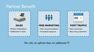 Partner Beneﬁt

SALES

FREE MARKETING

FOOT TRAFFIC

•

Mobile marketplace

•

Peer recommendation

•

New customers

•

Additional in-store

•

Increased exposure

•

Recurring customers

No risk, no upfront fees, no additional IT.

 