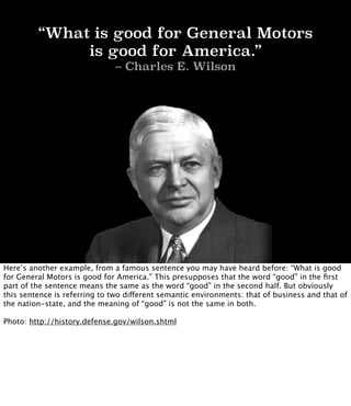 “What is good for General Motors
is good for America.”
– Charles E. Wilson
Here’s another example, from a famous sentence ...
