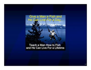 223
Teach a Man How to Fish
and He Can Live For a Lifetime
Teach a Man How to Fish
and He Can Live For a Lifetime
Give a Man a Fish and
He Can Live For a Day…
Give a Man a Fish and
He Can Live For a Day…
 
