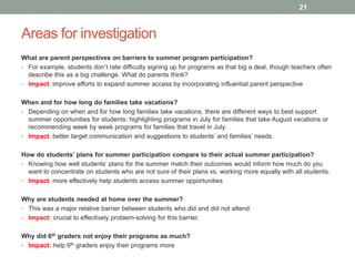 Areas for investigation
21
What are parent perspectives on barriers to summer program participation?
• For example, students don’t rate difficulty signing up for programs as that big a deal, though teachers often
describe this as a big challenge. What do parents think?
• Impact: improve efforts to expand summer access by incorporating influential parent perspective
When and for how long do families take vacations?
• Depending on when and for how long families take vacations, there are different ways to best support
summer opportunities for students: highlighting programs in July for families that take August vacations or
recommending week by week programs for families that travel in July.
• Impact: better target communication and suggestions to students’ and families’ needs.
How do students’ plans for summer participation compare to their actual summer participation?
• Knowing how well students’ plans for the summer match their outcomes would inform how much do you
want to concentrate on students who are not sure of their plans vs. working more equally with all students.
• Impact: more effectively help students access summer opportunities
Why are students needed at home over the summer?
• This was a major relative barrier between students who did and did not attend.
• Impact: crucial to effectively problem-solving for this barrier.
Why did 6th graders not enjoy their programs as much?
• Impact: help 6th graders enjoy their programs more
 