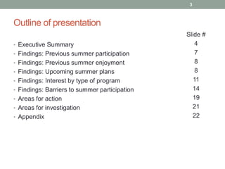 Outline of presentation
• Executive Summary
• Findings: Previous summer participation
• Findings: Previous summer enjoyment
• Findings: Upcoming summer plans
• Findings: Interest by type of program
• Findings: Barriers to summer participation
• Areas for action
• Areas for investigation
• Appendix
3
Slide #
4
7
8
8
11
14
19
21
22
 