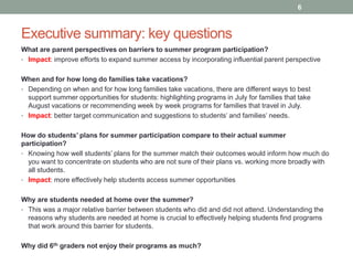 Executive summary: key questions
What are parent perspectives on barriers to summer program participation?
• Impact: improve efforts to expand summer access by incorporating influential parent perspective
When and for how long do families take vacations?
• Depending on when and for how long families take vacations, there are different ways to best
support summer opportunities for students: highlighting programs in July for families that take
August vacations or recommending week by week programs for families that travel in July.
• Impact: better target communication and suggestions to students’ and families’ needs.
How do students’ plans for summer participation compare to their actual summer
participation?
• Knowing how well students’ plans for the summer match their outcomes would inform how much do
you want to concentrate on students who are not sure of their plans vs. working more broadly with
all students.
• Impact: more effectively help students access summer opportunities
Why are students needed at home over the summer?
• This was a major relative barrier between students who did and did not attend. Understanding the
reasons why students are needed at home is crucial to effectively helping students find programs
that work around this barrier for students.
Why did 6th graders not enjoy their programs as much?
6
 