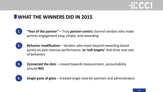33
1. “Year of the partner” – Truly partner-centric channel vendors who make
partner engagement easy, simple, and rewarding
2. Behavior modification – Vendors who move beyond rewarding based
purely on past revenue performance, to ‘soft targets’ that drive new sets
of behaviors
3. Connected the dots – moved towards measurement, accountability
around ROI
4. Single pane of glass – Created single view for partners and administrators
WHAT THE WINNERS DID IN 2015
 