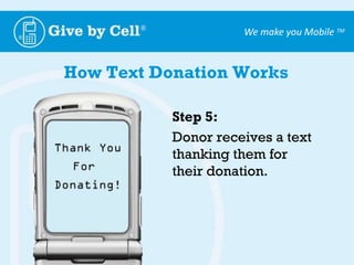 How Text Donation WorksStep 1:Design a marketing campaign encouraging the donor to text your keyword to a short code. 