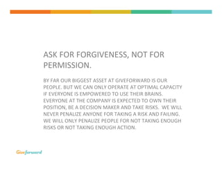  
ASK	
  FOR	
  FORGIVENESS,	
  NOT	
  FOR	
  
PERMISSION.	
  	
  
	
  
BY	
  FAR	
  OUR	
  BIGGEST	
  ASSET	
  AT	
  GIVE...