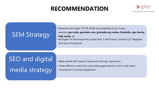 • Keywords with higher TR,CTR, ROAS and probability to be chosen
example: give india, giveindia com, giveindia.org review, GiveIndia, ngo charity,
help needy, etc.
• Bid higher for those keywords greater than 2 which have a positive CLV. Negatives
ones are to be ignored.
SEM Strategy
• Make website SEO based on keywords with high impressions
• Create different content for social media pages based on each social media
characteristics to boost engagement
SEO and digital
media strategy
RECOMMENDATION
 