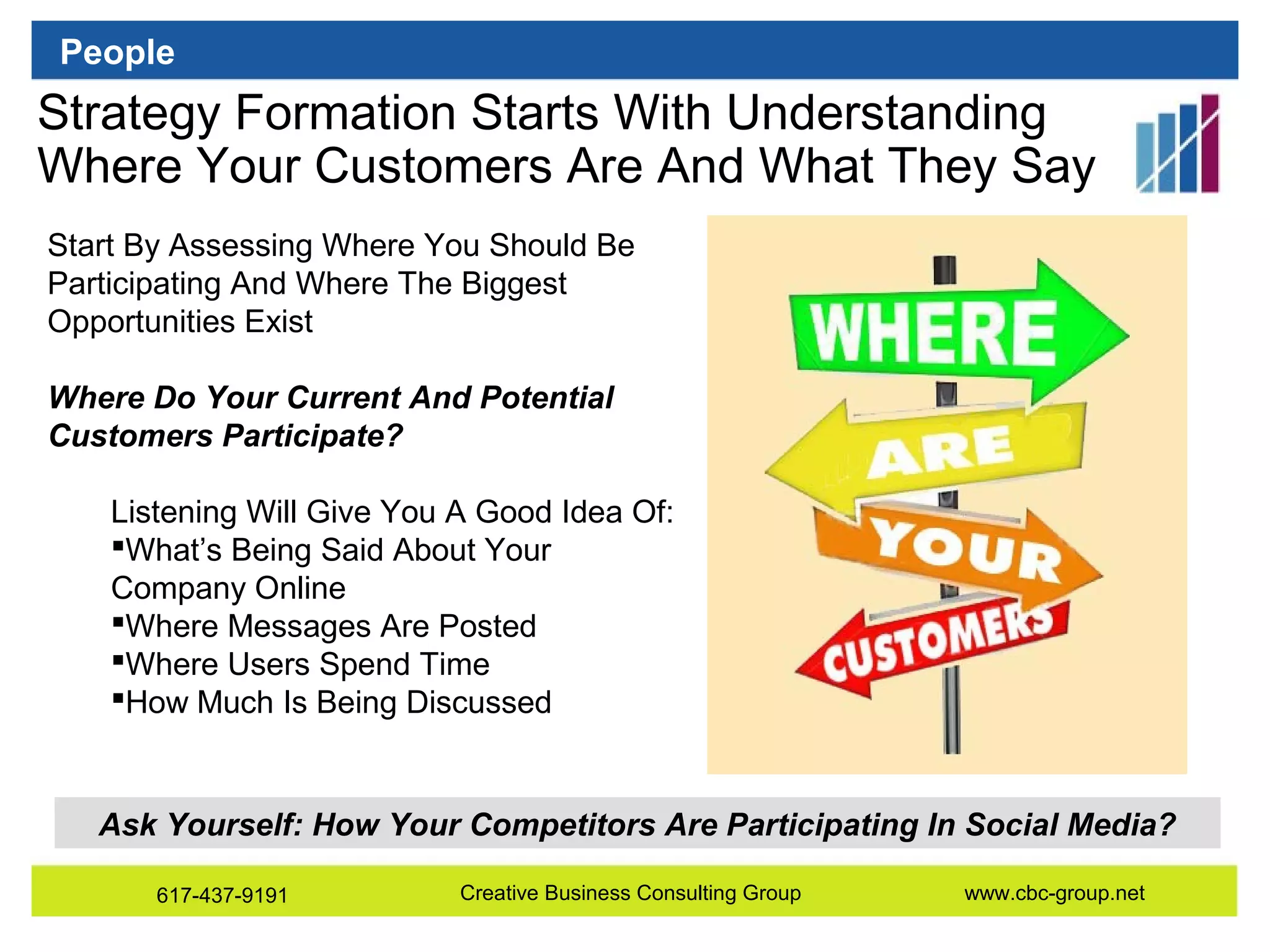 People

Strategy Formation Starts With Understanding
Where Your Customers Are And What They Say
Start By Assessing Where You Should Be
Participating And Where The Biggest
Opportunities Exist
Where Do Your Current And Potential
Customers Participate?
Listening Will Give You A Good Idea Of:
What’s Being Said About Your
Company Online
Where Messages Are Posted
Where Users Spend Time
How Much Is Being Discussed

Ask Yourself: How Your Competitors Are Participating In Social Media?
617-437-9191

Creative Business Consulting Group

www.cbc-group.net

 