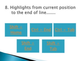 Shift +
           Ctrl + End   Ctrl + Tab
Home

      Shift +     Shift +
       End         Tab
 