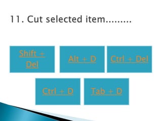 Shift +
            Alt + D   Ctrl + Del
 Del


      Ctrl + D   Tab + D
 