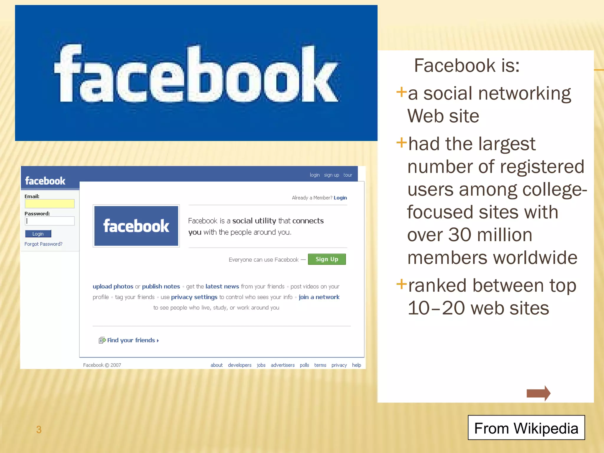 Facebook is: a social networking Web site had the largest number of registered users among college-focused sites with over 30 million members worldwide  ranked between top 10–20 web sites From Wikipedia 