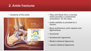 2. Ankle fractures
▪ Anatomy of the ankle ▪ Tibia and fibula form a mortise
which provides a constrained
articulation for the talus.
▪ Ankle stability is provided by 3
factors:
▪ Bony architecture, joint capsule and
ligamentous
▪ structures:
▪ Syndesmotic ligaments
▪ Medial collateral ligaments
▪ Lateral collateral ligaments
 