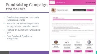 Fundraising Campaign
Pink the Basin
▷ Fundraising pages for third-party
fundraising events
▷ Push for DIY fundraising to r...