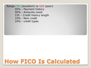 Range-760 (excellent) to 620 (poor) 35% - Payment history 30% - Amounts owed 155 – Credit history length 10% - New credit 10% - credit types How FICO Is Calculated