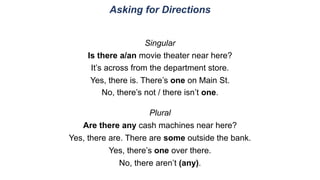 Asking for Directions
Singular
Is there a/an movie theater near here?
Yes, there is. There’s one on Main St.
It’s across from the department store.
No, there’s not / there isn’t one.
Plural
Are there any cash machines near here?
Yes, there are. There are some outside the bank.
Yes, there’s one over there.
No, there aren’t (any).
 