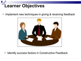 Learner Objectives  Identify success factors in Constructive Feedback.  Implement new techniques in giving & receiving feedback  