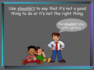 Use shouldn’t to say that it’s not a good
thing to do or it’s not the right thing.
You shouldn’t play
with lighters.
 