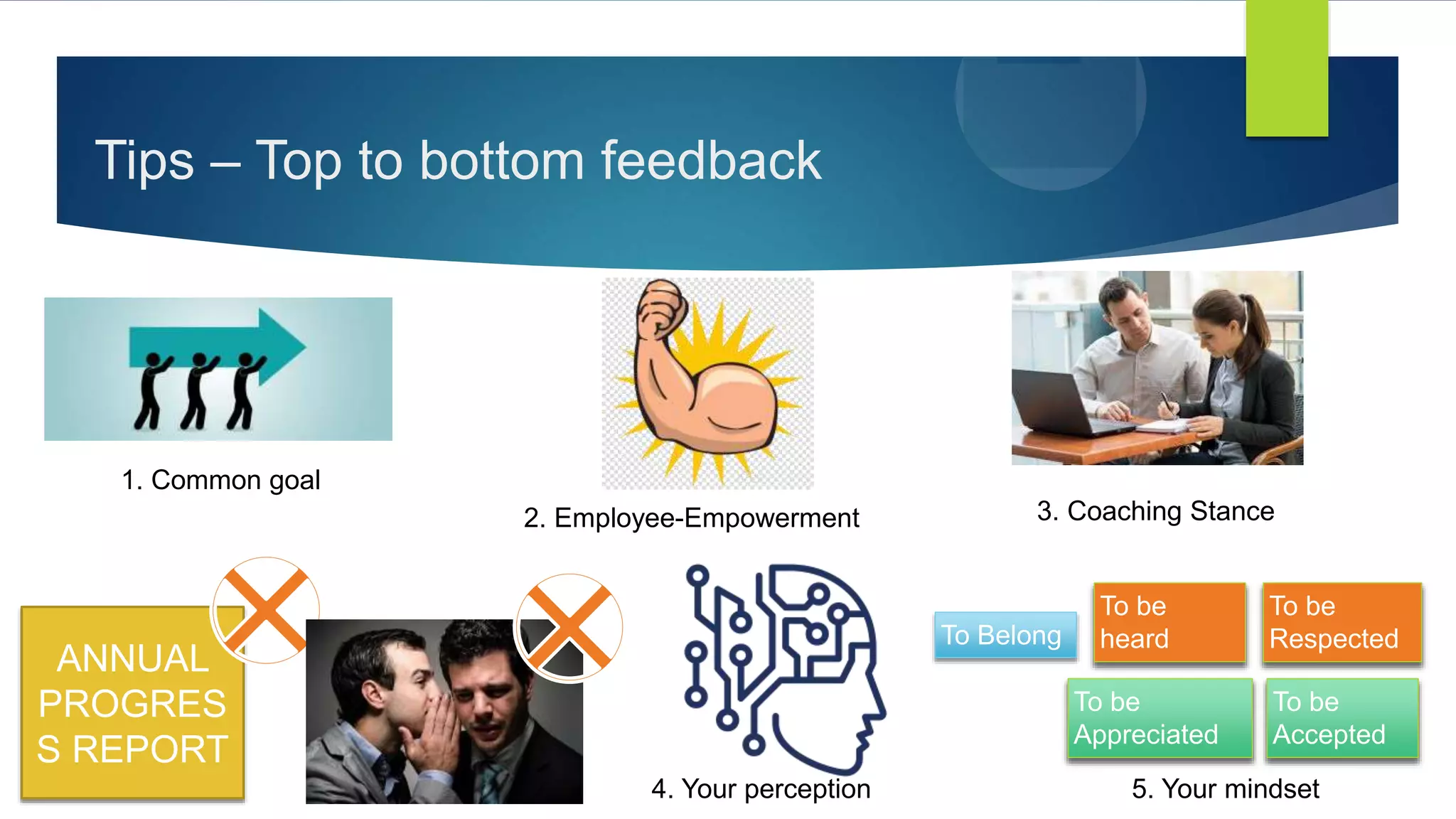 Tips – Top to bottom feedback
1. Common goal
3. Coaching Stance
4. Your perception
2. Employee-Empowerment
ANNUAL
PROGRES
S REPORT
To Belong
To be
Respected
To be
Appreciated
To be
Accepted
To be
heard
5. Your mindset
 