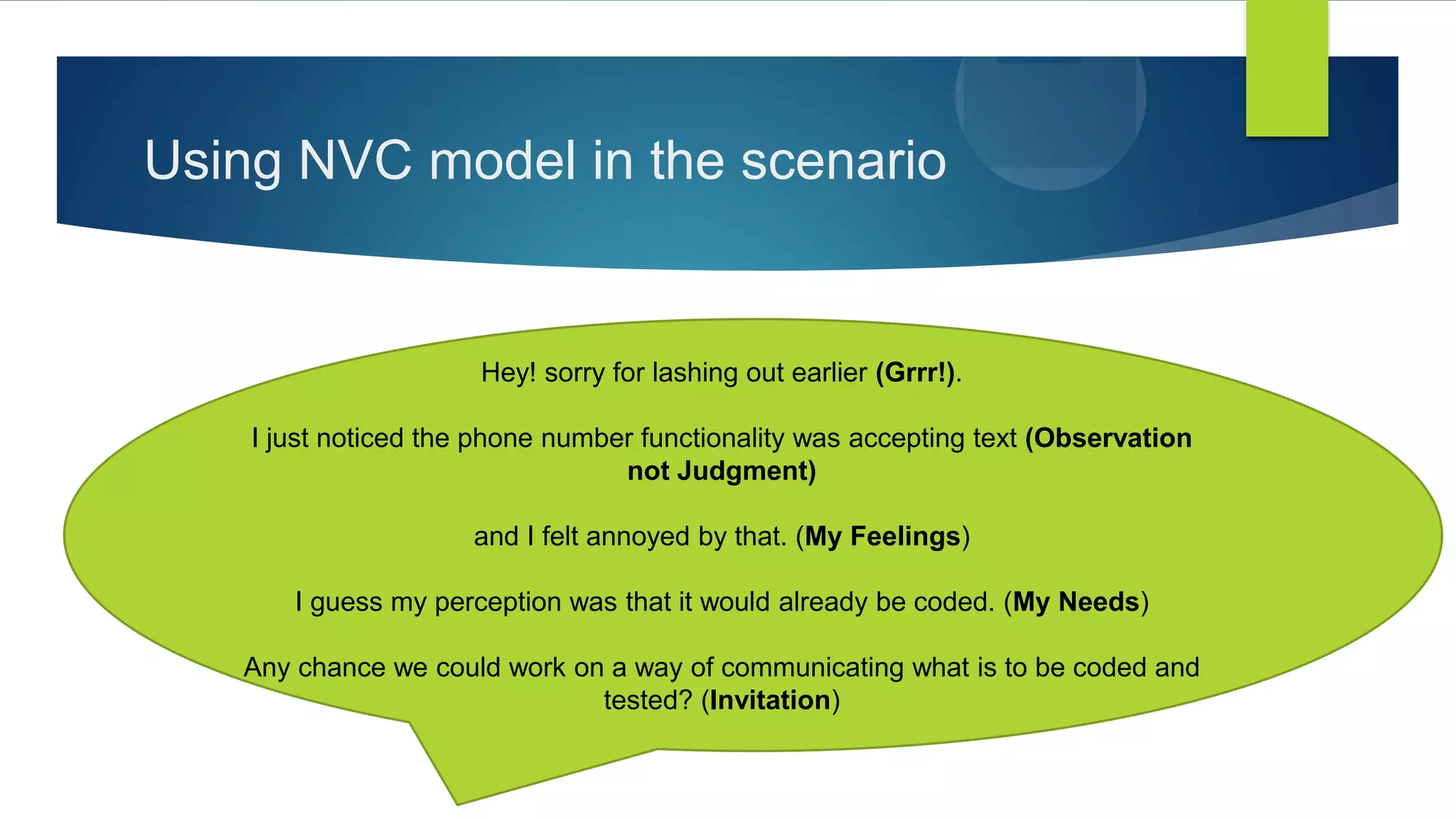 Using NVC model in the scenario
Hey! sorry for lashing out earlier (Grrr!).
I just noticed the phone number functionality was accepting text (Observation
not Judgment)
and I felt annoyed by that. (My Feelings)
I guess my perception was that it would already be coded. (My Needs)
Any chance we could work on a way of communicating what is to be coded and
tested? (Invitation)
 