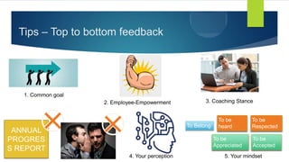 Tips – Top to bottom feedback
1. Common goal
3. Coaching Stance
4. Your perception
2. Employee-Empowerment
ANNUAL
PROGRES
S REPORT
To Belong
To be
Respected
To be
Appreciated
To be
Accepted
To be
heard
5. Your mindset
 