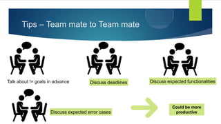 Tips – Team mate to Team mate
Talk about != goals in advance Discuss deadlines Discuss expected functionalities
Discuss expected error cases
Could be more
productive
 