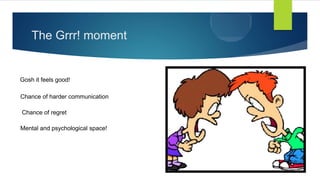 The Grrr! moment
Gosh it feels good!
Chance of harder communication
Chance of regret
Mental and psychological space!
 