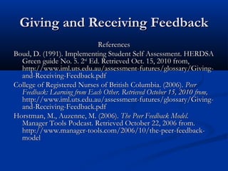 Giving and Receiving Feedback
Giving and Receiving Feedback
References
References
Boud, D. (1991). Implementing Student Se...