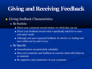Giving andReceiving Feedback
■ Giving feedback Characteristics:
■ Be Realistic
■ Direct your comments toward matters on which they can act.
■ Direct your feedback toward what is specifically asked for to meet
your peers’needs.
■ Although your peer requested feedback, be attentive to feelings and
non-verbal cues by each of you.
■ Be Specific
■ Generalizations are particularly unhelpful.
■ Base your comments and feedback on concrete observable behavior
or materials.
■ Be supportive and constructive in your comments.
 