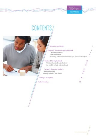 2
www.everywoman.com
CONTENTS
About this workbook 	 3
Section 1. An introduction to feedback	 4
What is feedback?	 5
Self-assessment	 6
Increasing self awareness and how you interact with others	 7
Section 2. Giving feedback 10
What makes feedback effective?	 13
Use models to help with feedback 19
Section 3. Receiving feedback 23
Seeking feedback	 25
Turning feedback into action	 27
		
Pulling it all together	 30
Further reading	 32
 
