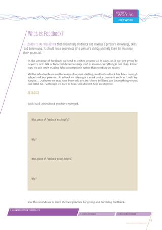 www.everywoman.com
5
2. GIVING FEEDBACK
1. AN INTRODUCTION TO FEEDBACK
3. RECEIVING FEEDBACK
In the absence of feedback we tend to either assume all is okay, or, if we are prone to
negative self–talk or lack confidence we may tend to assume everything is not okay. Either
way, we are often making false assumptions rather than working on reality.
We live what we learn and for many of us,our starting point for feedback has been through
school and our parents. At school we often got a mark and a comment such as ‘could try
harder…’ At home we may have been told we are‘clever, brilliant, can do anything we put
our mind to…’although it’s nice to hear, still doesn’t help us improve.
EXERCISE
Look back at feedback you have received.
What piece of feedback was helpful?
Why?
What piece of feedback wasn’t helpful?
Why?
Use this workbook to learn the best practice for giving and receiving feedback.
What is feedback?
FEEDBACK IS AN INTERACTION that should help motivate and develop a person’s knowledge, skills
and behaviours. It should raise awareness of a person’s ability and help them to maximise
their potential.
 
